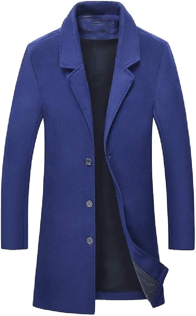AngelSpace Mens Pure Color Plus Size TurnDown Collar Mid Length Wool Trench Coat Navy Blue M