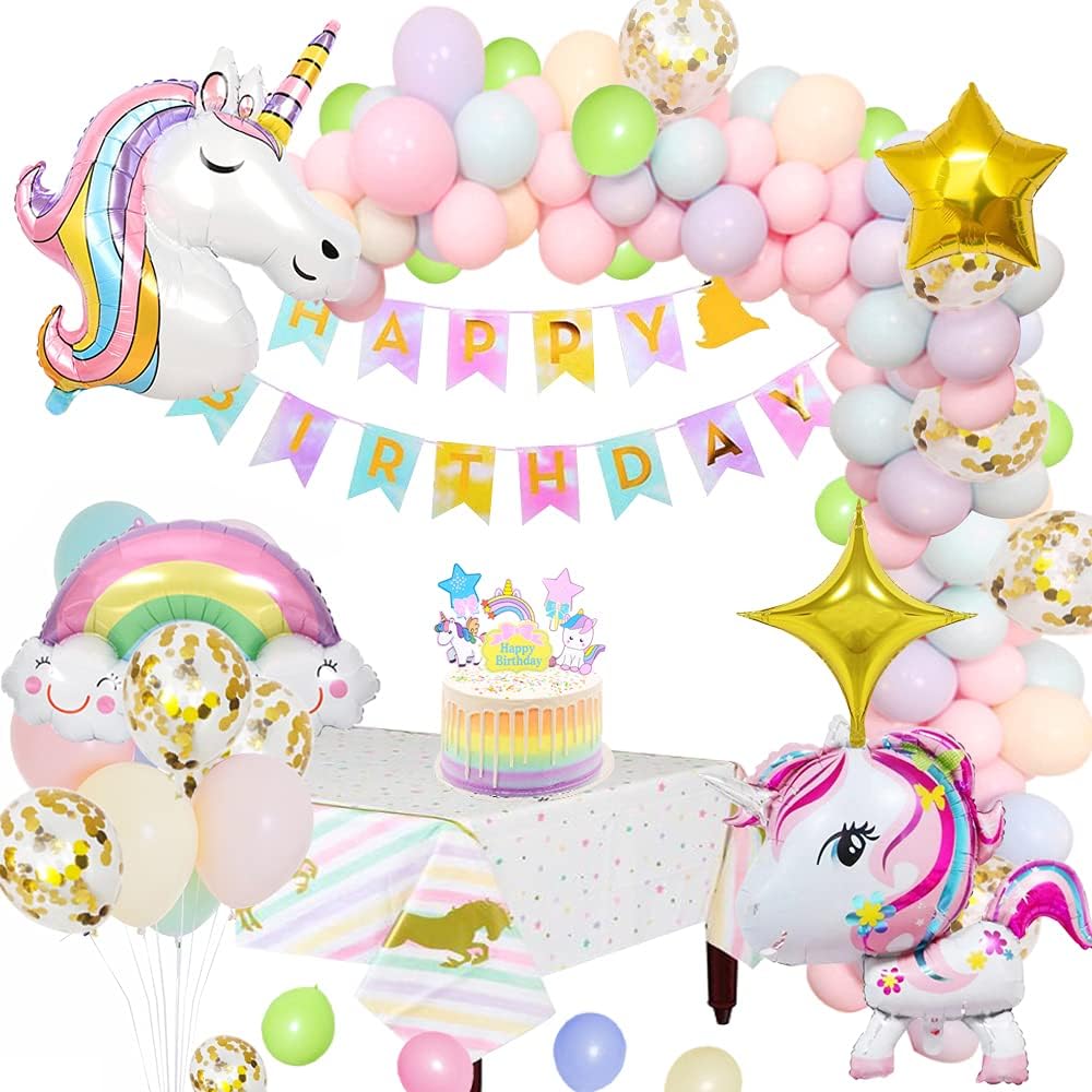 MMTX Unicorn Party Decorations Supplies, Huge 3D Unicorn Balloons Happy Birthday Banner Rainbow Balloon Star Balloon Tablecloth Cake Topper and Latex Party Ballons for Infant Girl Boy Lady Birthday