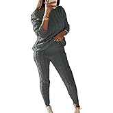 Molisry Women Cable Knitted 2 Pieces Outfits Long Sleeve Sweater Pullover Top Long Pants Lounge Sets Autumn Winter