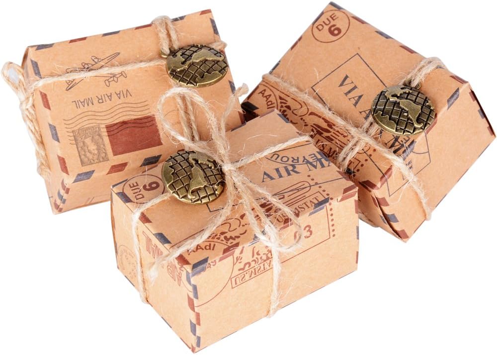50pcs Wedding Sweets Boxes Favor Natural Kraft Airmail Travel Themed Design with Burlap Twine and Metal Globe Decoration Party Gift Boxes