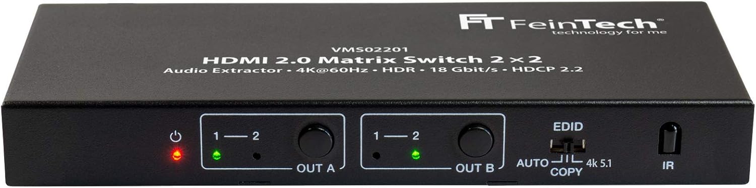 FeinTech VMS02201 HDMI 2.0 Matrix Switch 2x2 with Audio Extractor 4K HDR SPDIF, Schwarz