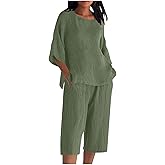 bawilom Womens Pant Sets Plus Size 3/4 Sleeve Tops and Capri Pants Loose Casual Lightweight 2 Piece Outfits with Pockets