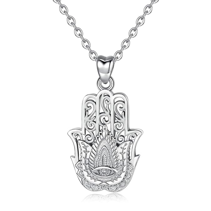 Silber Halsketten für Frauen, 925 Sterling Silber Hamsa Hand von Fatima Viel Glück Vintage Anhänger, 18 '' Rolo Kette AEONSLO