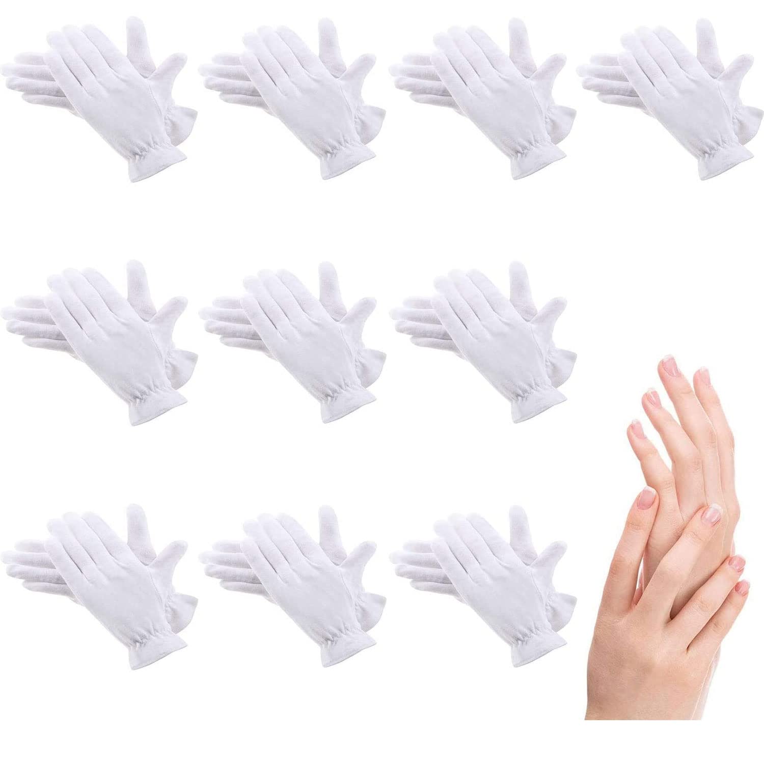 10Pairs Moisturizing Gloves Over Night Bedtime White Cotton | Cosmetic Inspection Premium Cloth Quality | Eczema Dry Sensitive Irritated Skin Spa Therapy Secure Wristband| One Size Fits Most