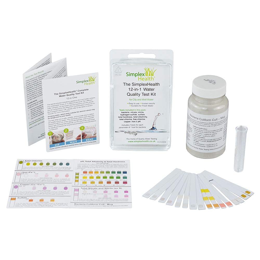 SimplexHealth Complete Home Water Quality Test Kit (12 in One) Bacteria, Nitrates/Nitrites, Hydrogen Sulfide, Hardness, Alkalinity, Chlorine, Sulfate, Iron & pH