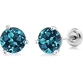 Gem Stone King 18K White Gold 2.11 Ct Round 6mm London Blue Topaz 3-Prong Martini Stud Earrings For Women Men