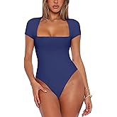 REORIA Womens Sexy Square Neck Double Lined Shirt Stretchy Basic Short Sleeve Going Out Thong Bodysuit Tops
