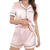 Lanyoshe Silk Pajamas for Women Satin Womens Pajama Sets Short Sleeve Lounge Set 2-Piece Sleepwear Notch Collar Button-Down PJ Set (Pink, L)