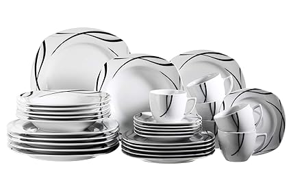 Mäser 920463 Serie Oslo, 30-teiliges Kombiservice für 6 Personen, Geschirr-Set, klassisch, zeitlos, elegant, Porzellan, schwa