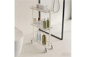 HJLKDYM Slim Rolling Cart, 3-Tier Metal Bathroom Cabinet with Glass Shelves, Narrow Floor Organizer with Wheels for Kitchen L