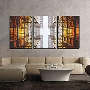 3 Piece Canvas Wall Art - Skyscraper Looking Up at Sky - Modern Home Art Stretched and Framed Ready to Hang - 16"x24"x3 Panels