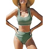 CUPSHE Women's Bikini Sets Two Piece Swimsuit Scoop Neck Tank Wide Straps Midkini Stitching