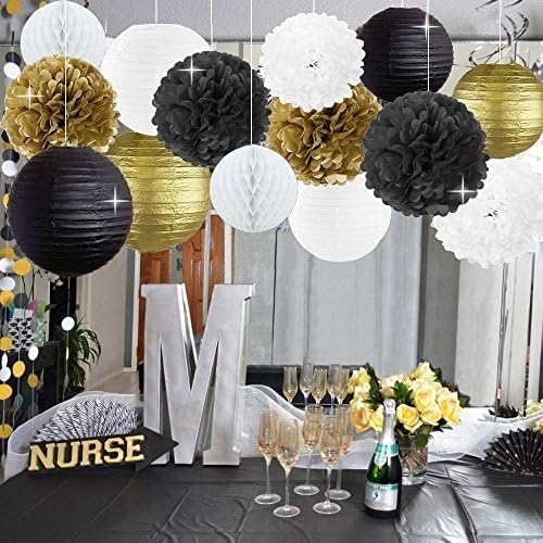 New Years Decorations Gold Black White Party Decor Kit Tissue Paper Pom Poms Flower Paper Lantern Paper Honeycomb Balls Party Hanging Decoration Favor for Birthday Decoration Black Gold Themed Decor
