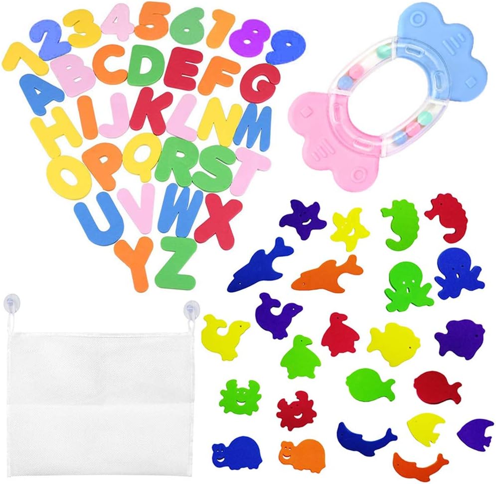 Mmhdz 60 Pieces Foam Bath Toys & Teether Rattle, Floating Alphabet Number and Animals Bathtub Toys - Eco-Safe Teether Rattle, Best Baby Bath Toys Toddlers Kids Girls Boys