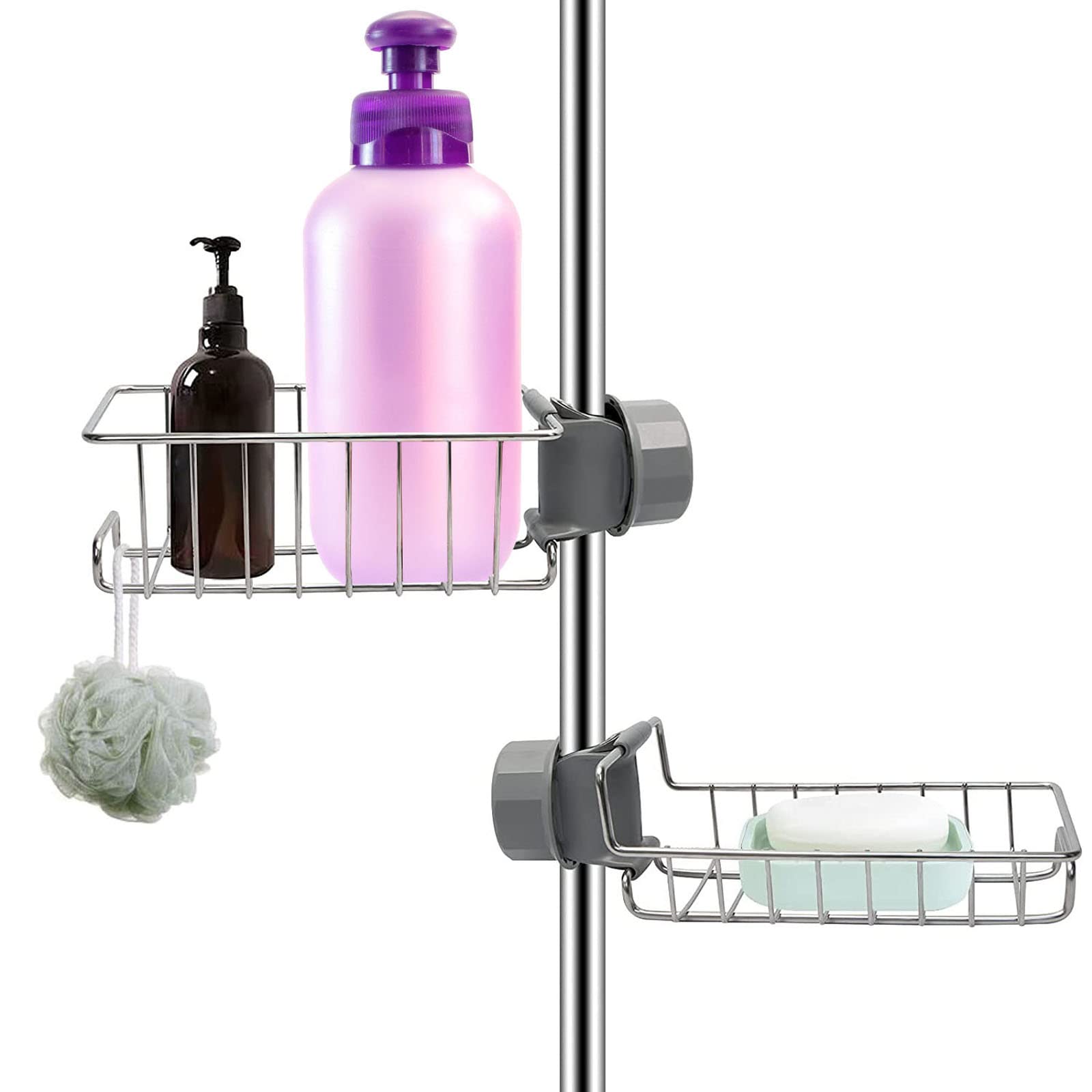 Beilala Bathroom Shower Caddy No Drill, 2 Pack Shampoo Soap Holders Stainless Steel Fauce Rack Kitchen Sink Organiser Bathroom Tidy Accessories Rust Free Storage Shelf for 18-25mm Pole