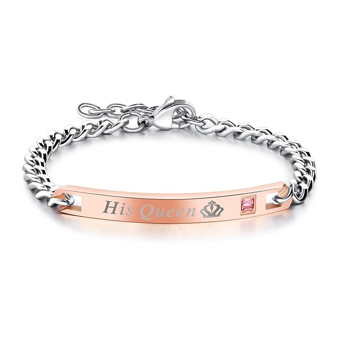 JewelryWe Schmuck Herren Damen Armband, Lieben Freundschaftsarmband, Her King & His Queen Krone, Edelstahl Zirkonia, Schwarz 