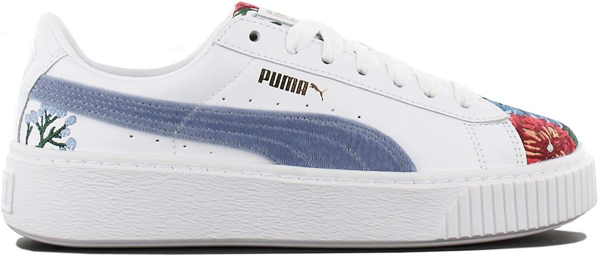 puma suede platforms in white with embrodiery