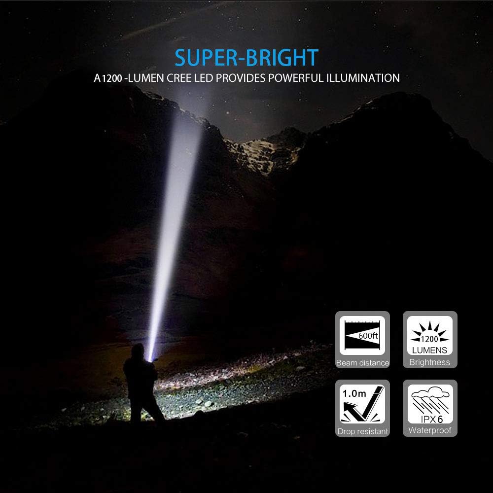 LED Tactical Flashlight Rechargeable (Battery Included), IPX6 Waterproof Flashlight, 1200lm, Super Bright LED, Zoomable, Pocket-size Small LED Flashlight for Hiking, Camping, Emergency - - 