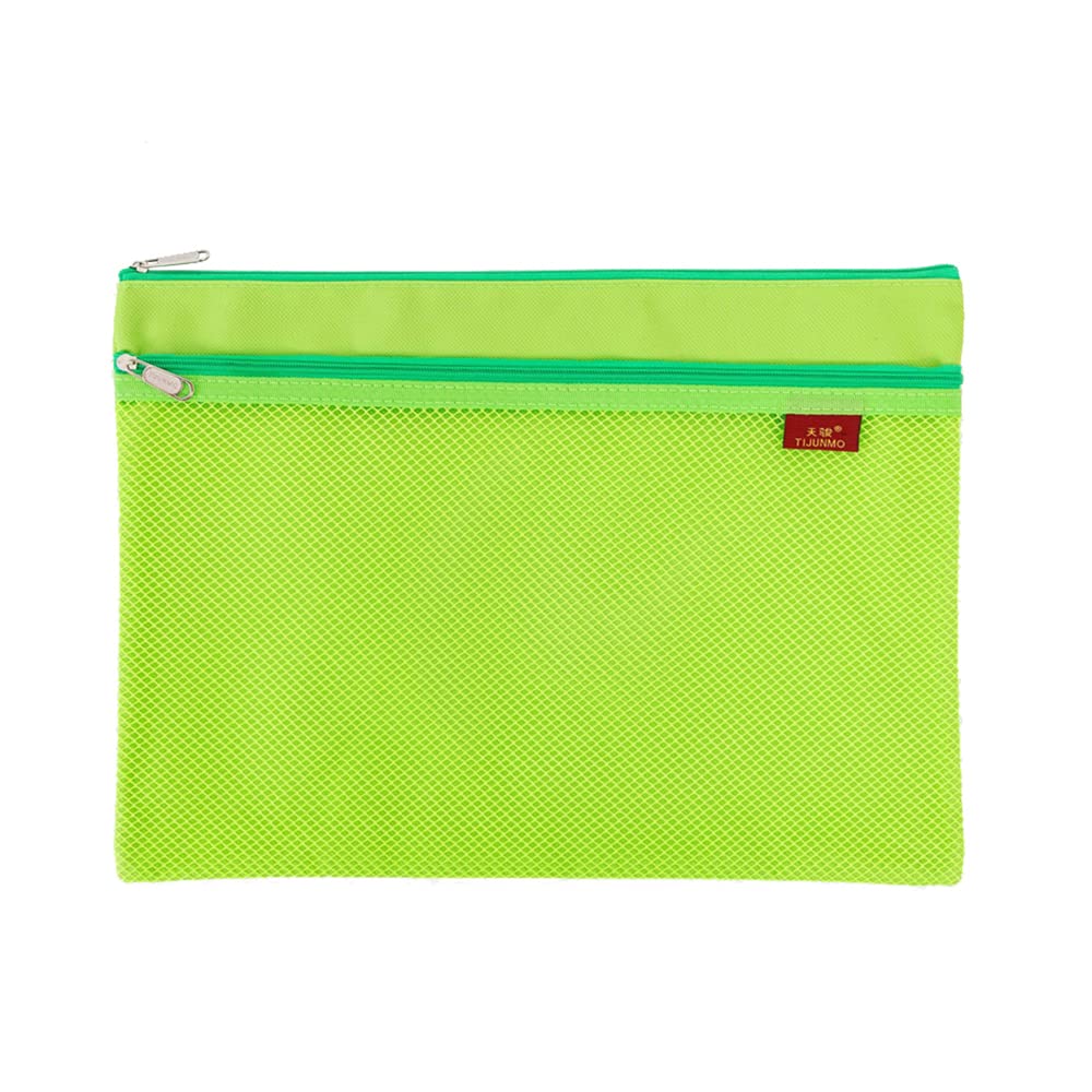 1Pcs A4 Mesh File Zip Bags, Folder Wallets Zipper Pouch Oxford Clear Mesh Bag Double-Layer Grid Document Storage Receipt Organizer Bag for Office Home School Supplies Green