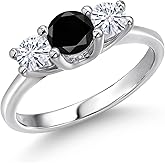 Gem Stone King 14K White Gold Black Diamond & White Moissanite 3-Stone Engagement Ring | 1.01 Cttw | Round 5MM and 4MM | 3 Stone Wedding Anniversary Promise Ring For Women