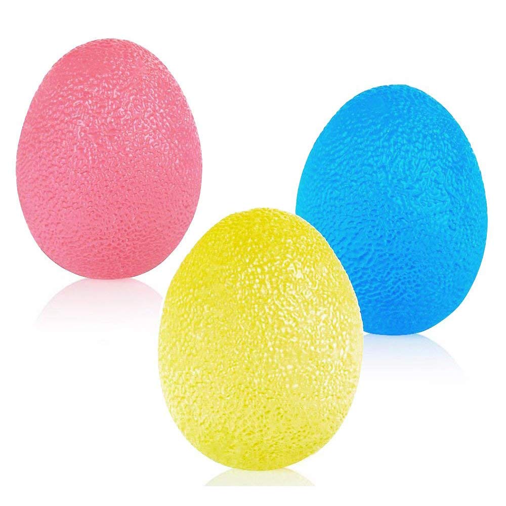 SKL Pelotas de ejercicio de mano de resistencia a los huevos, pelotas de agarre para entrenamiento de fuerza de mano, terapia física, rehabilitación de lesiones, 3 unidades (rojo, azul, amarillo)