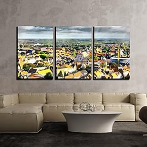 3 Piece Canvas Wall Art - Medieval Town Aerial Landscape in Bruges Illustration - Modern Home Art Stretched and Framed Ready to Hang - 16"x24"x3 Panels
