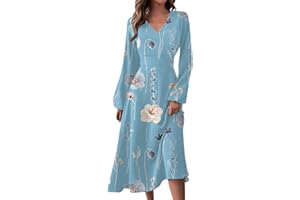 GENERIC Fall Dresses for Women 2024 Midi Dress Puff Long Sleeve Wrap V Neck a Line Flowy Casual Elegant Cocktail Party Dresses