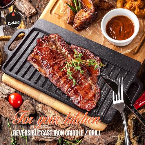 Chapa, Chapa de Ferro Fundido para Fogao, 23 * 45cm, Grill para Fogão e Indução, Duas Maneiras de Usar,