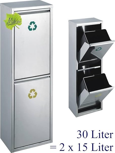Made for us 30 L Edelstahl Wand-Abfalleimer 2x15 L Mülleimer 2-Fach Mülltrennung 2er Müll-Trennsystem 30 Liter Abfallsammler 