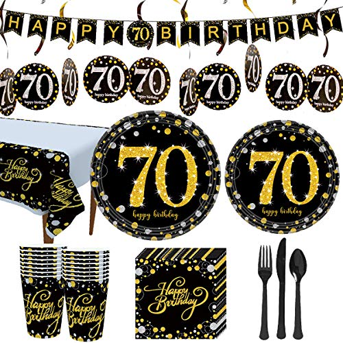 Trgowaul 70th Birthday Party Supplies - Black and Gold Disposable Paper Plates, Napkins, Cups, Tablecover Forks, Knives and Spoons for 16 Guests and Party Supplies Decorations Banner