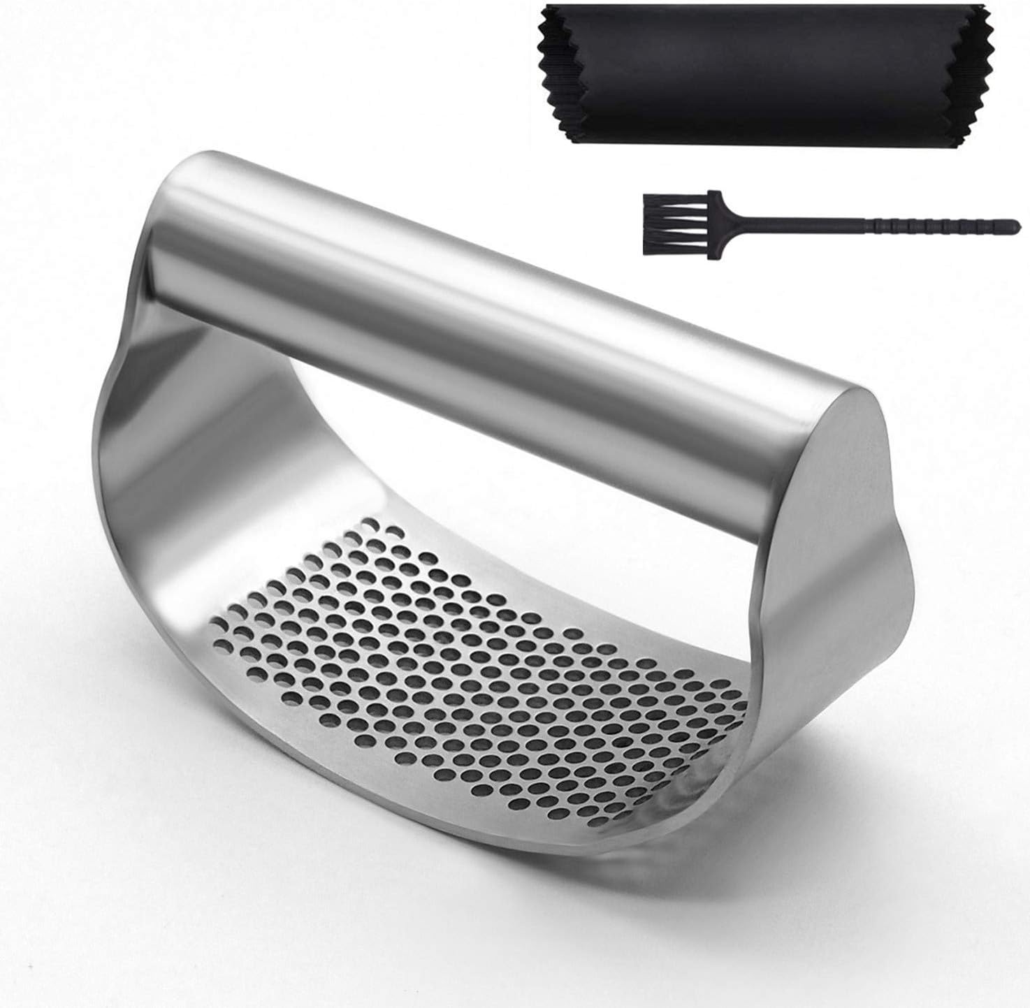 Topways® Knoblauch Ingwer Presse Wippe, Küchenhelfer 430 Edelstahl Crusher Squeezer für Knoblauch Ingwer, Silikon Knoblauchschäler, Reinigungsbürste