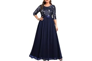 PINUP FASHION Women's Plus Size Lace Chffon Long Maxi 3/4 Sleeve V-Back Formal Dress