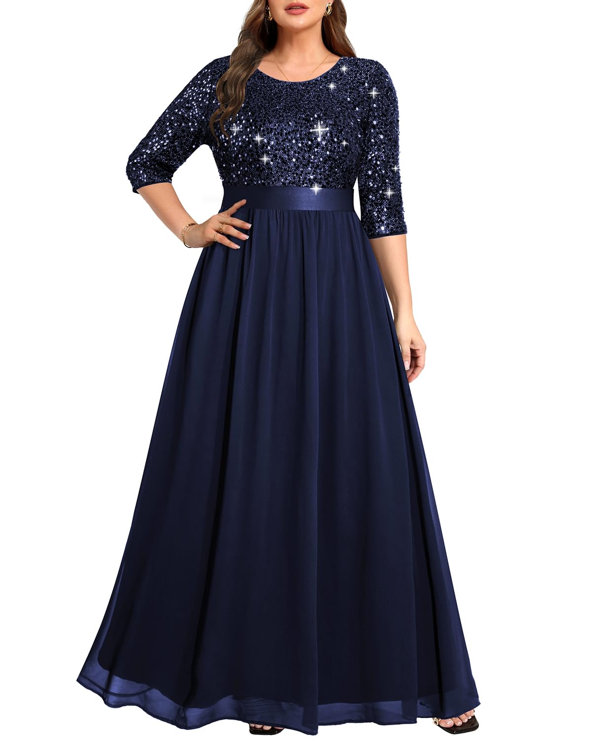Photo 1 of Mother of the Bride Dresses Plus Size Navy Blue Women Formal Evening Gowns Wedding Guest Long Sequin Sparkly Prom Gala Dress