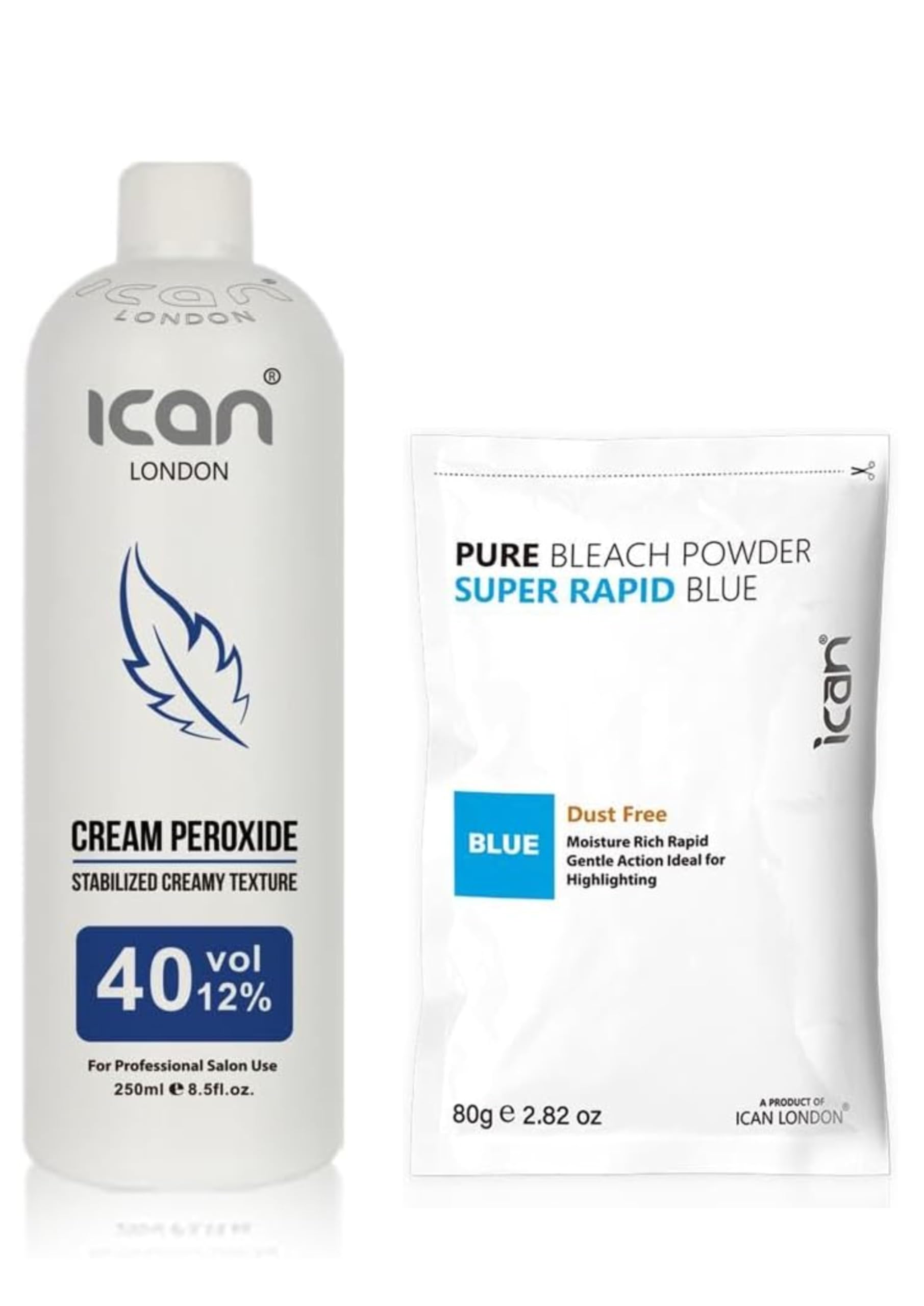 ICAN LONDON PROFESSIONAL CREAM PEROXIDE 40 VOL 12% 250 ML + RAPID BLUE POWDER BLEACH 80 G SET