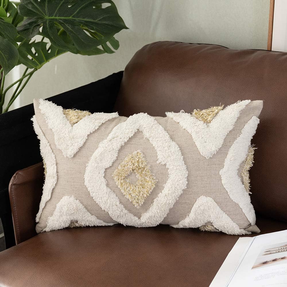 Tiffasea Tribal Lumbar Throw Pillow Cover 12x20, Cream and Gold Diamond Boho Pillowcase Tufted Decorative Cover Geometric Square Chic Pillow Shams for Couch Sofa Living Room, Kaleidoscope