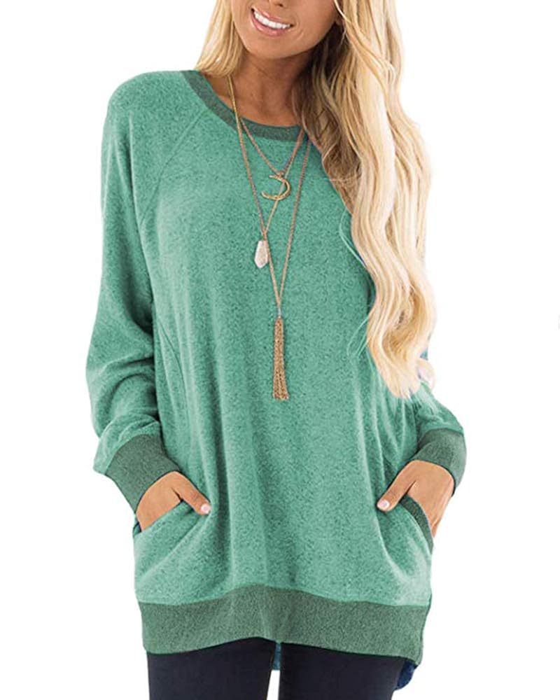 Womens Sweatshirts with Pockets Loose Pullover Long Sleeve T Shirt Round Neck Blouse Tops