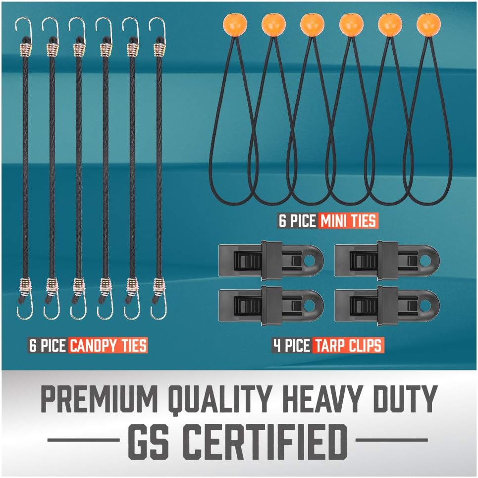 HORUSDY 34-Piece Premium Bungee Cords Assortment Jar, Includes 10”, 18”, 24”, 32”, 40”, 48” Bungee Cords, 15” Rubber Cargo net, 8”Canopy/Tarp Ball Ties and Crocodile Mouth Tarp Clips: Kitchen & Dining