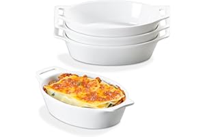 ONEMORE Au Gratin Baking Dish, 20 oz Individual Casserole Dishes for Oven Safe Ceramic Oval Baking Pan with Handles, Set of 4 Au Gratin Pans for Roasting, Lasagna, Baking Meat & Vegetables - White