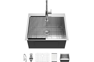 Logmey 25" Drop In Laundry Sink with Faucet Combo-25x22 Topmount Handmade Utility 12 Inch Deep Sinks 16 Gauge Stainless Steel Single Bowl Sink for Laundry Room 25x22x12 Inch