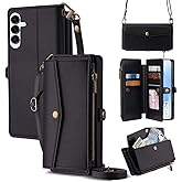 Leedia Crossbody Wallet Case for Galaxy S25 for Women, PU Leather Flip Case with [RFID Blocking] Card Holder, Zipper Handbag Magnetic Snap Wrist Strap for Samsung Galaxy S25 6.2" Black