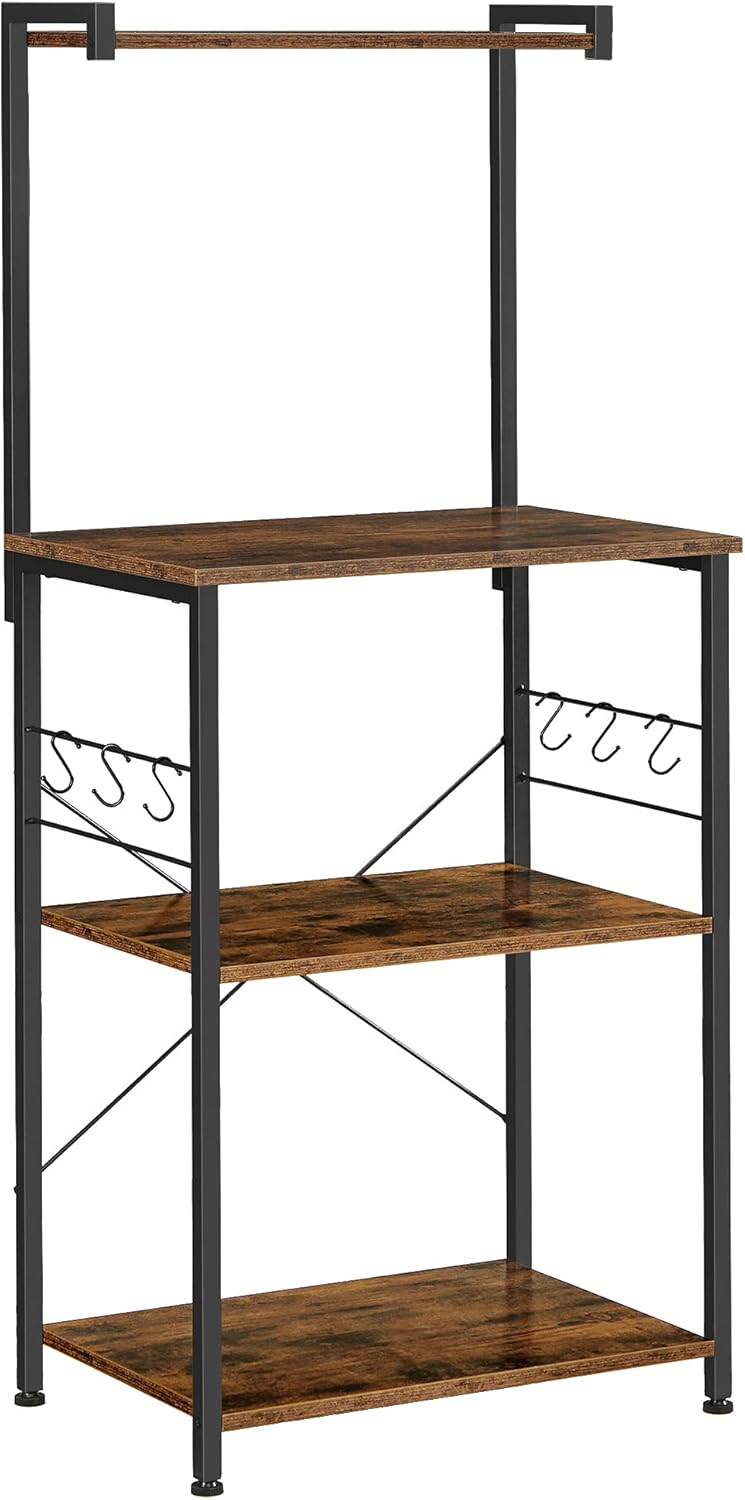 VASAGLE Kitchen Storage, Bakers Rack, Coffee Bar, 3-Tier Shelf, 6 S-Hooks, for Microwave, Spice Jars, Pots and Pans, Industrial, Rustic Brown and Black UKKS023B01