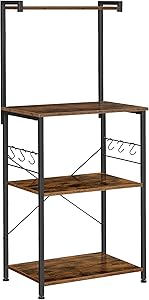 VASAGLE Kitchen Storage, Bakers Rack, Coffee Bar, 3-Tier Shelf, 6 S-Hooks, for Microwave, Spice Jars, Pots and Pans, Industrial, Rustic Brown and Black UKKS023B01