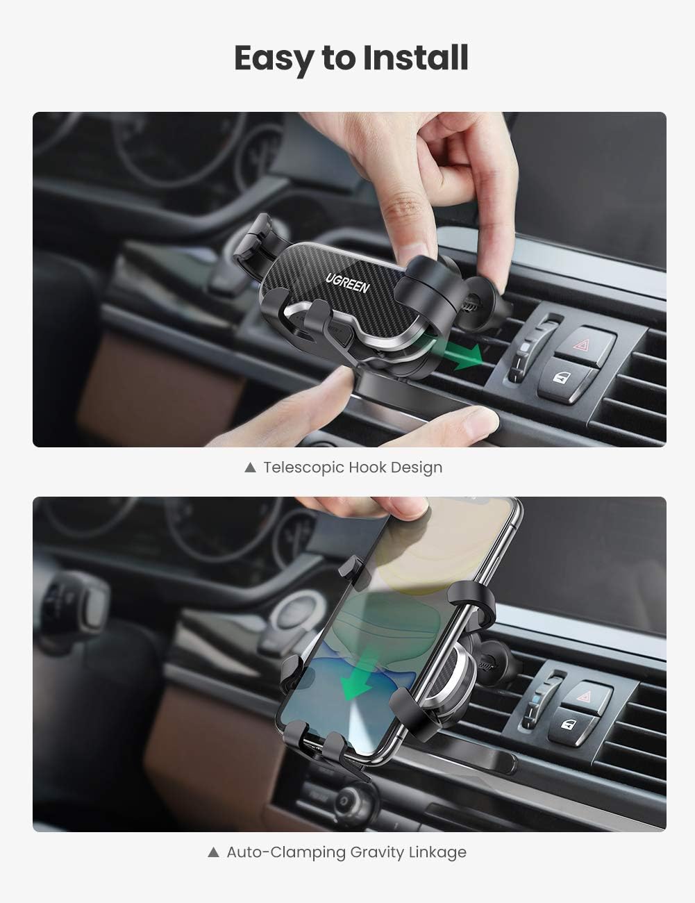UGREEN Car Mount for Smartphones (A70, S10, Huawei P30, P30, Huawei P50, iPhone, S21) with Tripod or Vent Mount - Black - Image 5