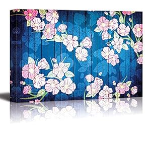 Illustration of Pink Flowers Over Blue Wood Panels - Canvas Art Home Art - 12x18 inches
