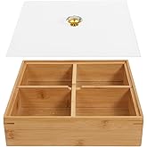 HOLIDYOYO Four-Compartment Bamboo Snack Box with Transparent Lid Divided Serving Tray for Nuts Fruits Candies - Ideal for Parties Home Entertaining and Everyday Use