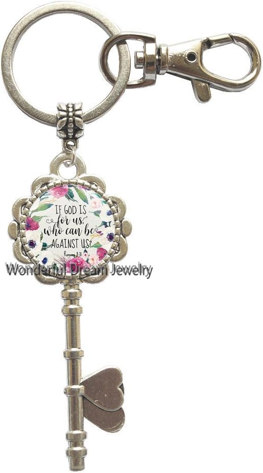 If God is for Us Who Can Be Against Us ? Glass Key Key Ring, Inspirational Bible Verses Glass Key Key Ring, Quotes Key Keychain,Christian Nursery Jewelry Women Men Gifts，PU045 (Silver)