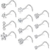 Tornito 12Pcs Nose Rings Studs 20G Stainless Steel L Screw Bone Shaped Nostril Piercing Triangle Flower Square Heart Pentagram Round CZ Nose Stud Piercing Jewelry for Women Men Silver Tone