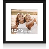 Hongkee 12x12 Picture Frame with Real Glass Wood Frame, 1 Pack (Mat 8x8) | Black, Display 12 x 12 No Mat for Wall and Tabletop for Photos, Artwork; Fits Home, Office &amp; Gallery Wall Decor