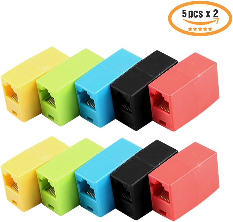 LAN Coupler RJ45 8P8C Modular Network Inline Ethernet Latch Female Coupler (5pcs X 2) 10P - Red/Yellow/Green/Blue/Black