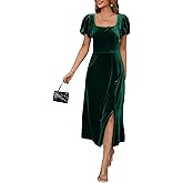 BLENCOT Women's Casual Fall Short Sleeve Square Neck Midi Dress Side Slit Velvet Wedding Guest Flowy Party Dresses